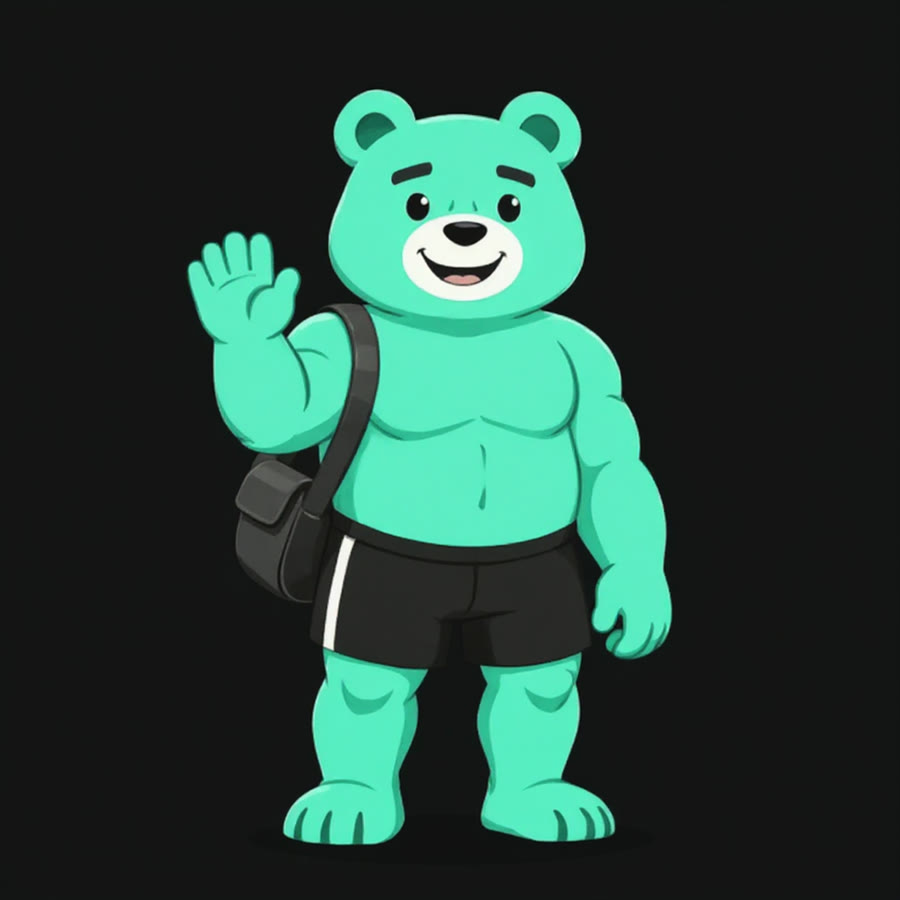 Buddy the bear waving hello with a gym bag
